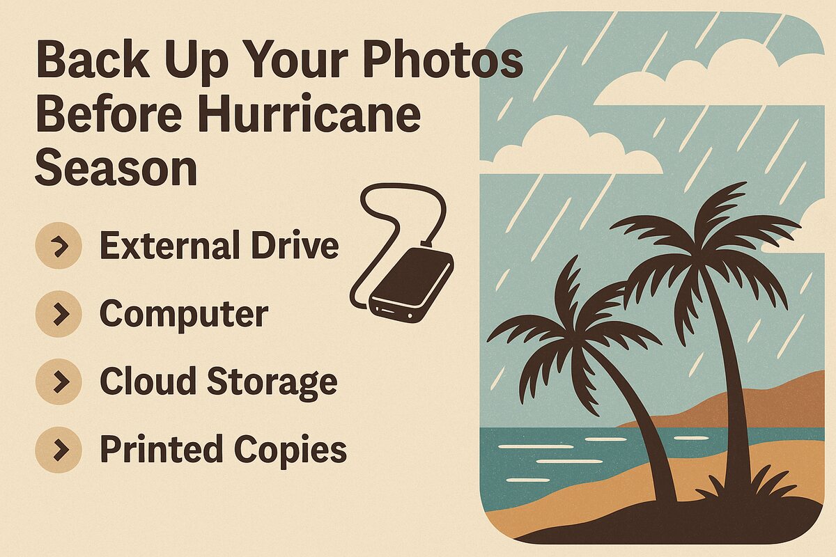 An illustrated checklist headed “Back Up Your Photos Before Hurricane Season”, listing external drive, computer, cloud storage and printed copies