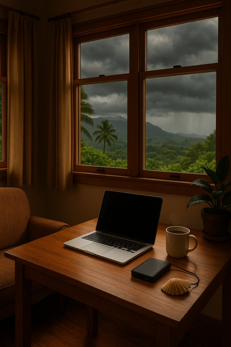 A laptop, a coffee mug and a small external hard drive on a wooden table beside a rain-streaked window